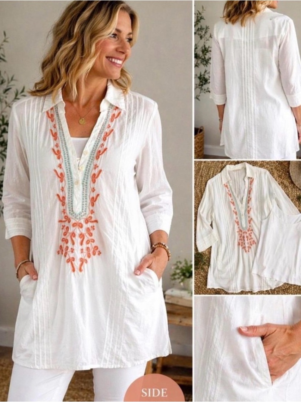 Soft Surroundings Aruba Embroidered Linen Blend Pintuck Tunic Blouse White Sz L